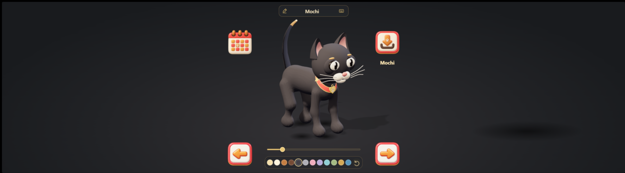 Mochi the cat on the customization screen, with colour swatches and appearance controls