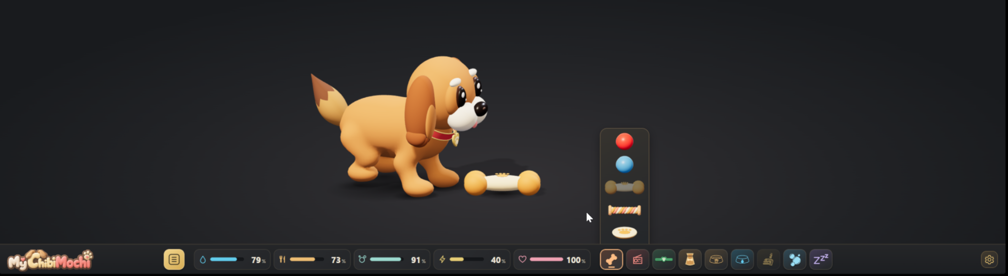 Golden puppy with a bone toy and a selection of balls, rope and a flying disc